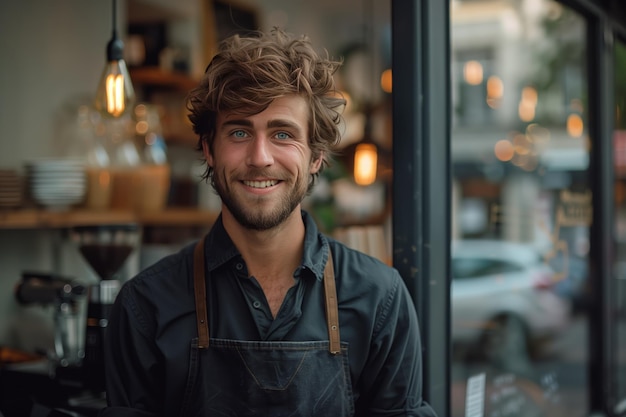 Portrait of man small business owner of coffee shop standing at entrance wearing apron and shirt