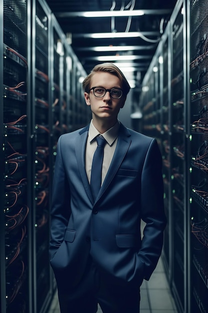 Portrait of man in suit of an administrator in data storage center Generative AI illustration