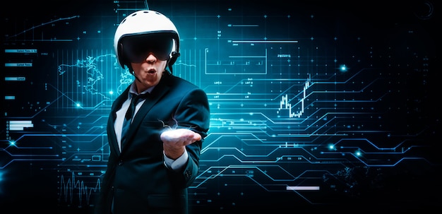 Portrait of a man in a suit and helmet. He put out a palm in which an electric charge. Business concept.
Stock market. Brokers and traders. 