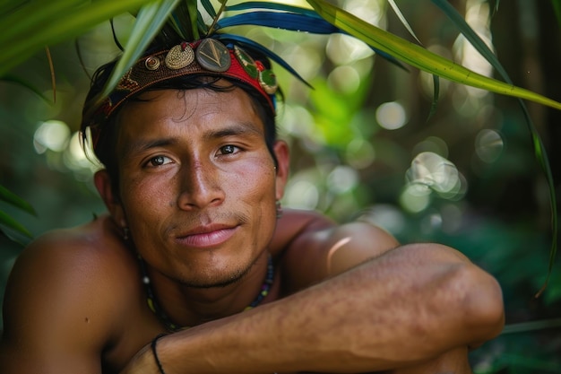 Photo a portrait man tribe in the amazon jungle