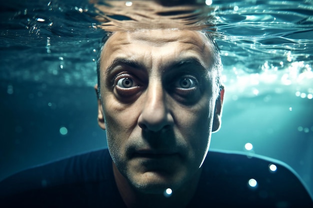 Portrait of a man underwater looking at camera Underwater photography