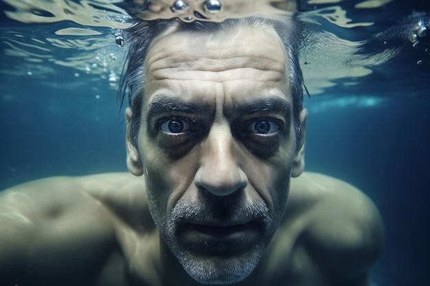 Portrait of a man underwater in the ocean looking at the camera