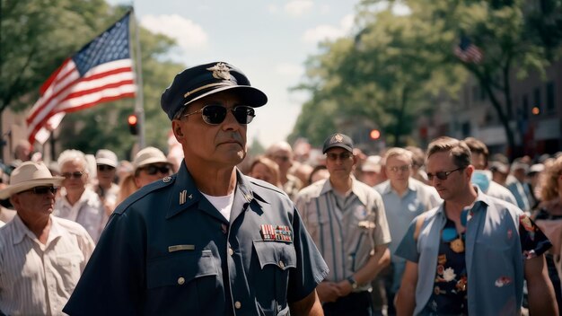 portrait of man in uniform with american flag in street portrait of man in uniform with america