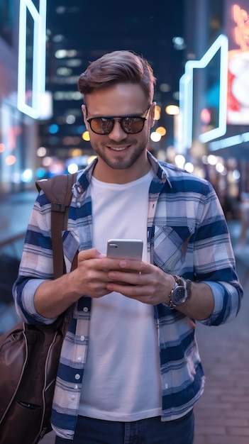 Portrait of Man Using Smartphone Drinking Beverage Walking Through Night City Street Full of Neon