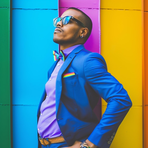 Photo a portrait man wearing a bow tie poses in front of a wall with a rainbowcolored behind him