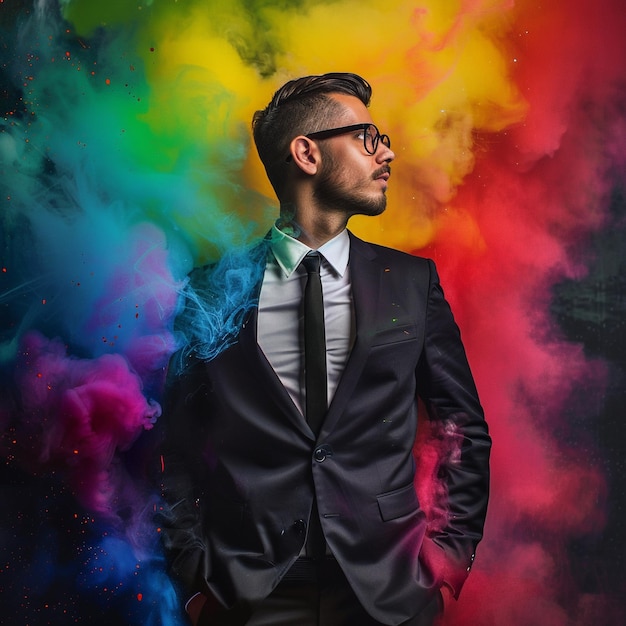 Photo a portrait man wearing a bow tie poses in front of a wall with a rainbowcolored behind him