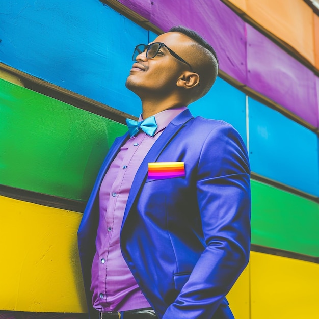 Photo a portrait man wearing a bow tie poses in front of a wall with a rainbowcolored behind him