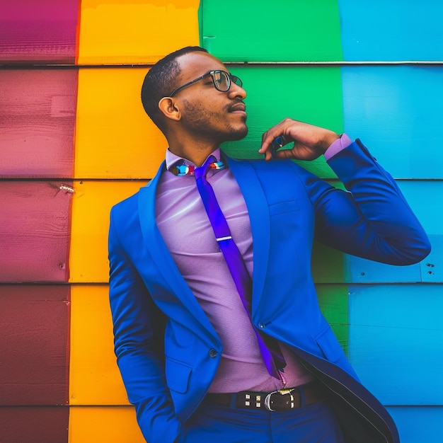 Photo a portrait man wearing a bow tie poses in front of a wall with a rainbowcolored behind him