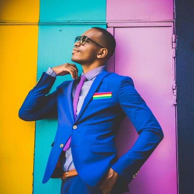 Photo a portrait man wearing a bow tie poses in front of a wall with a rainbowcolored behind him