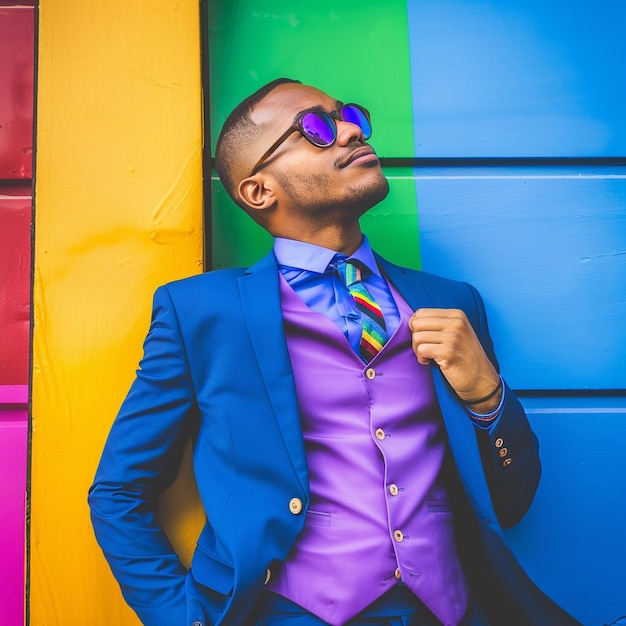 Photo a portrait man wearing a bow tie poses in front of a wall with a rainbowcolored behind him