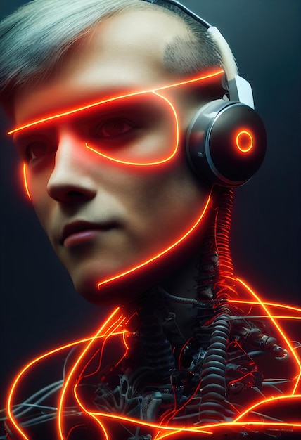 Portrait of a man wearing a cyberpunk headset and cyberpunk neon gear