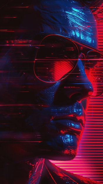 Photo portrait of a man wearing a cyberpunk headset neon virtual glasses and cyberpunk gear