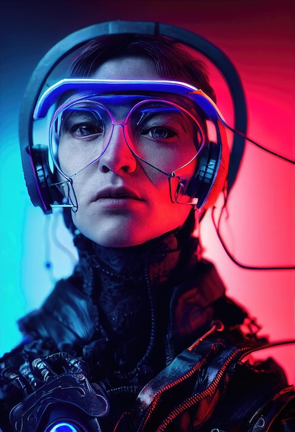 Portrait of a man wearing a cyberpunk headset neon virtual glasses and cyberpunk gear