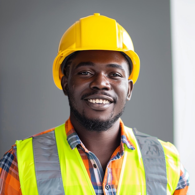 a portrait man wearing a yellow vest and helmet and smiling