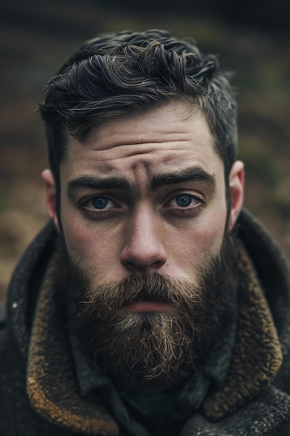 Portrait of a man with a beard and mustache in the mountains