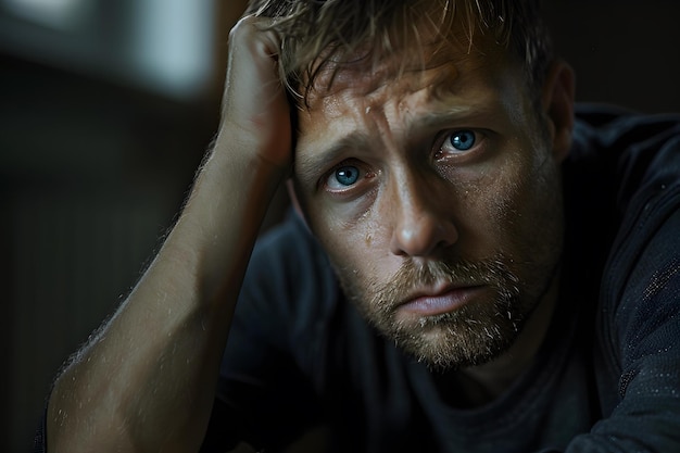 Photo a portrait of a man with blue eyes and a beard looking sad and thoughtful