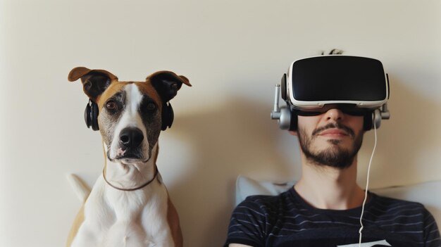 Photo portrait of a man with a cute dog sitting on sofa and wearing virtual reality glasses