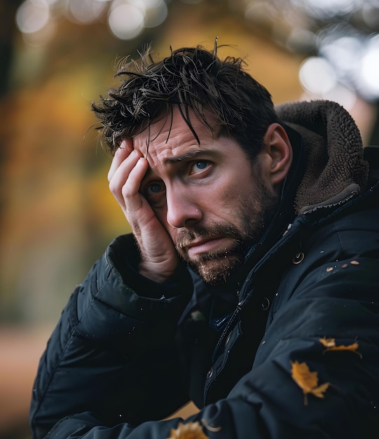 Photo portrait of a man with hand on head looking into the distance