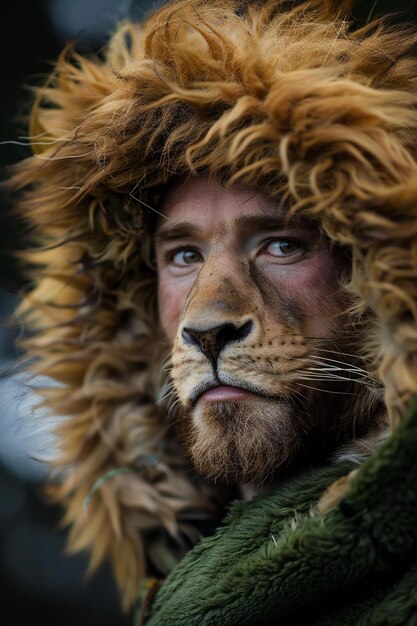 Photo portrait of a man with a lion in a fur coat