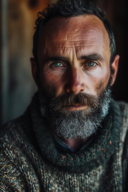 Portrait of a man with a long beard and mustache in a knitted sweater