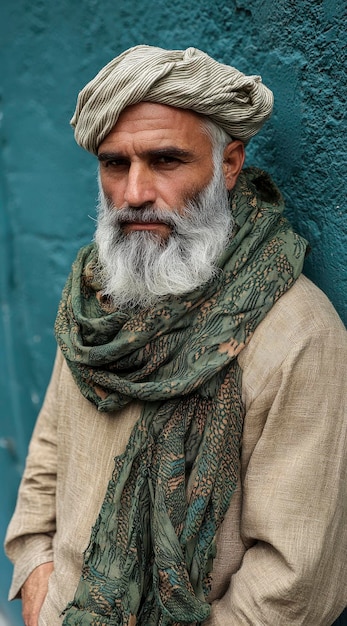 Photo portrait of a man with a long white beard and a traditional turban