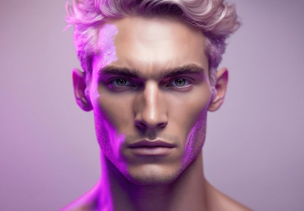 Portrait of man with pink makeup pink hair pink light and pink background