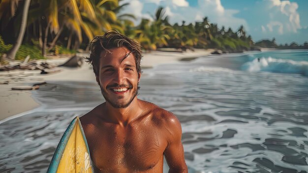 Portrait of a man with a surfing board on the beach