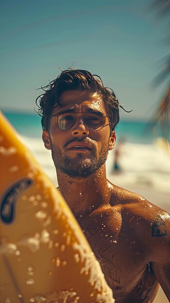 Portrait of a man with a surfing board on the beach