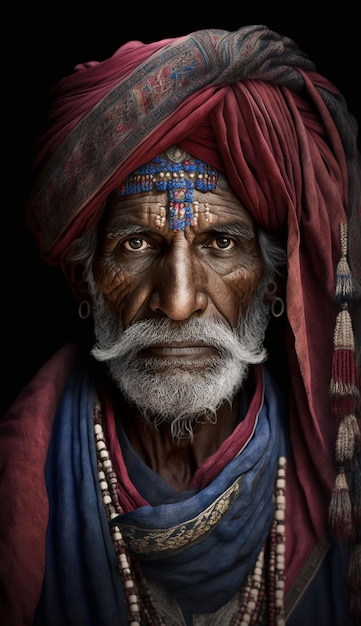 A portrait of a man with a turban on his head.