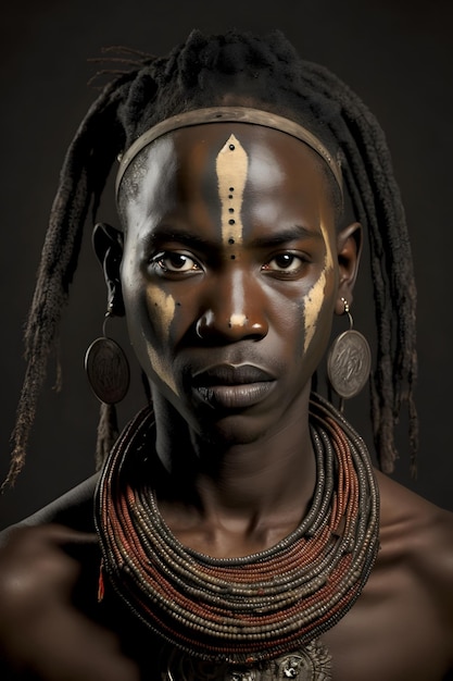 A portrait of a man with the word tribe on his face