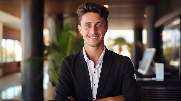 Portrait of man working as a hotel receptionist palms on background