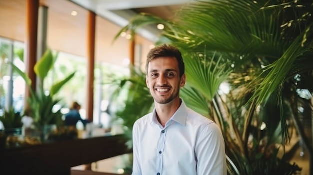 Portrait of man working as a hotel receptionist palms on background