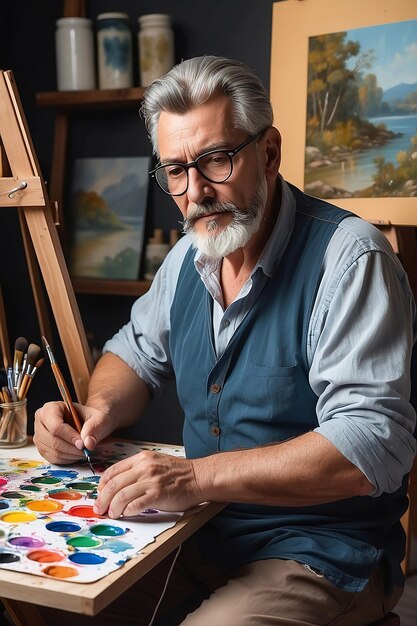 Portrait of a mature artist paints a picture hobby and creativity