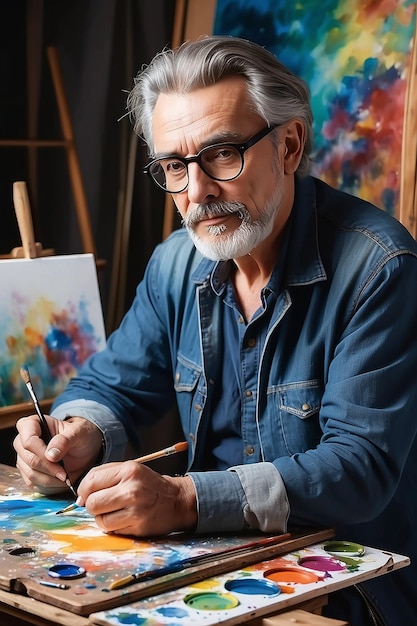 Portrait of a mature artist paints a picture hobby and creativity