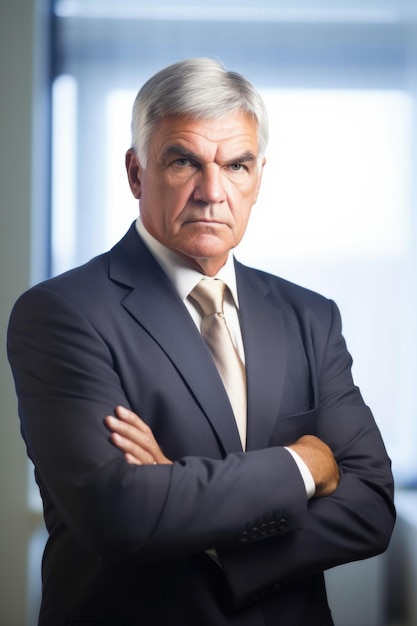 portrait of a mature businessman standing with his arms crossed in an office created with generative ai