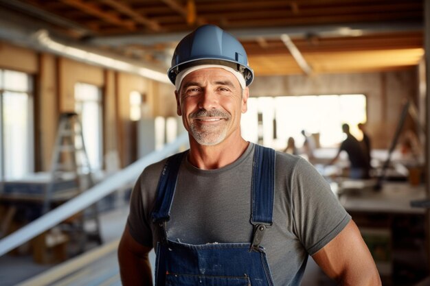 Photo portrait of mature caucasian male construction worker is standing in a room under renovation