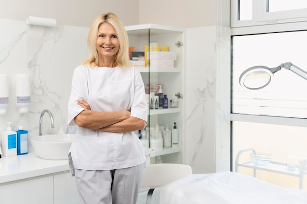 Portrait of mature cosmetologist in white lab coat looking at camera