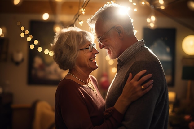 Portrait of mature couple sharing playful dance in living room Generative AI