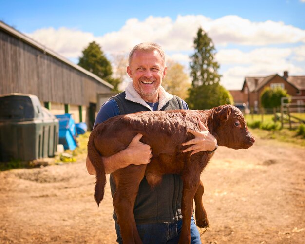 Photo portrait of mature male farm worker holding young calf outside barn