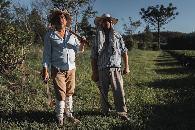 Portrait of mature men working on the land with a hoe.