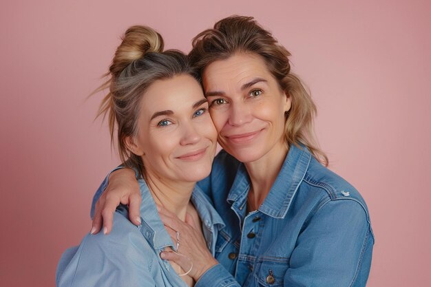 Photo a portrait of mature woman and her daughter on color background