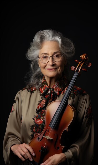 Portrait of mature woman musician playing a violin Generative AI