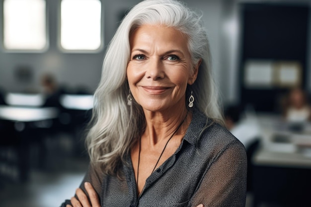 Portrait of a mature woman smiling confidently in her classroom created with generative ai