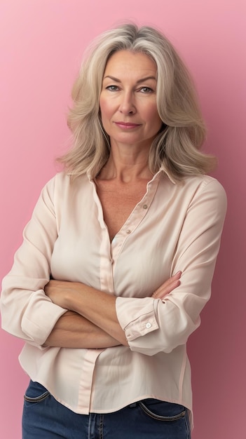 Portrait of a mature woman standing with her arms crossed against a pink background