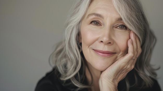 Portrait of a mature woman with a content smile against a neutral background