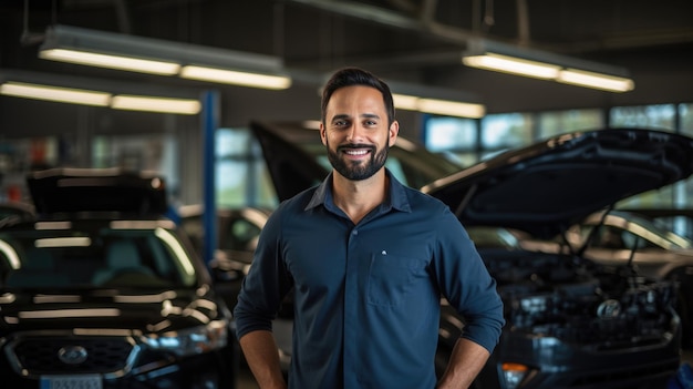 Portrait of a mechanic in a car service against the backdrop of cars