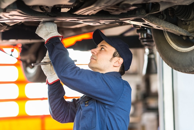 Portrait of a mechanic repairing a car in his garage