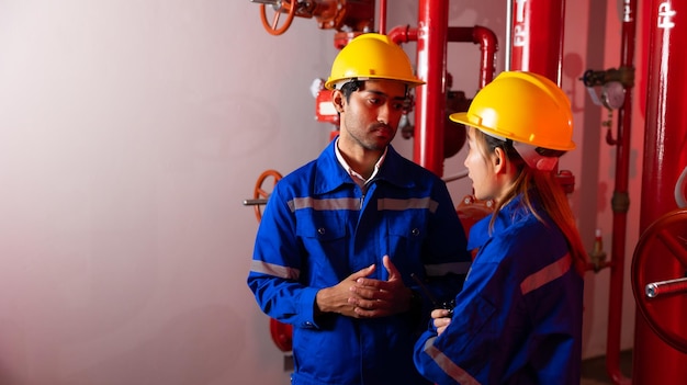 Portrait mechanical engineer team man and woman inspec quality water and fire systems in the building Room of water pump and pipeline water tank