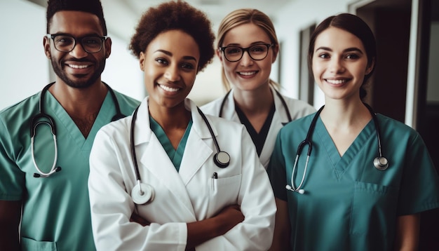 Portrait Of Medical Team Standing In Hospital Corridor