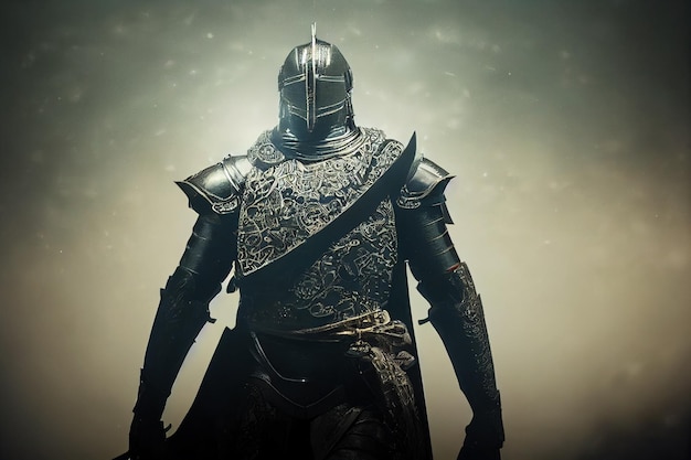 Portrait of Medieval armed knight in armor holding a sword weapon with celestial light Fantasy ancient military going to fight in a war for king AI Neural Network Computer Generated Art